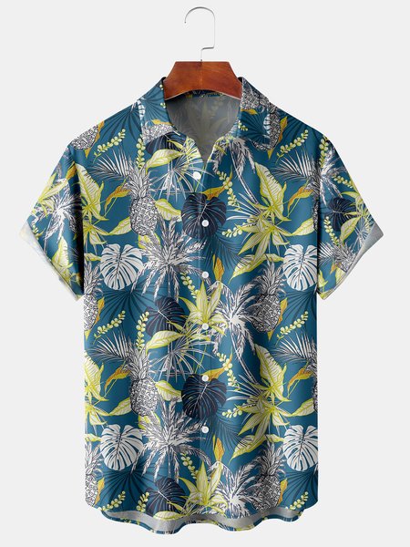 

Men's Botanical Fruit Print Casual Breathable Short Sleeve Hawaiian Shirt, Blue, Men's Floral shirt
