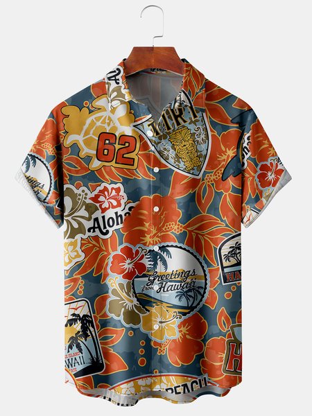 

Men's Botanical Print Casual Breathable Short Sleeve Hawaiian Shirt, Orange red, Men's Floral shirt