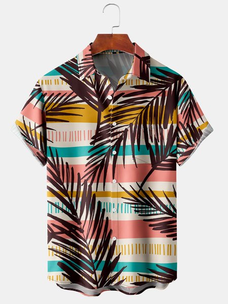 

Men's Striped Botanical Print Casual Breathable Short Sleeve Hawaiian Shirt, As picture, Men's Floral shirt