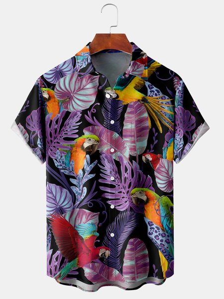 

Men's Parrot Tropical Plant Print Casual Breathable Hawaiian Short Sleeve Shirt, Black, Men's Floral shirt