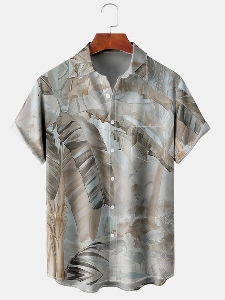 

Mens Retro Palm Leaf Print Lapel Loose Short Sleeve Funky Hawaiian Shirt, Gray, Men's Floral shirt