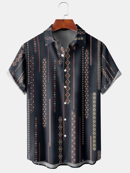 

Men's Geometric Line Print Casual Breathable Short Sleeve Hawaiian Shirt, Deep blue, Men's Floral shirt