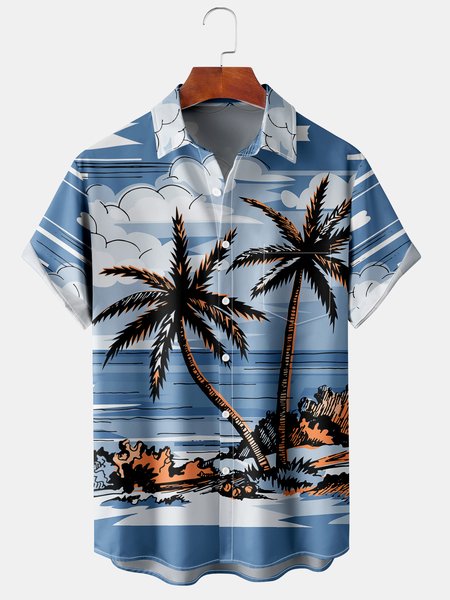 

Men's Coconut Print Casual Short Sleeve Hawaiian Shirt, Blue, Men's Floral shirt