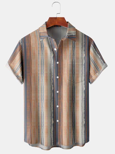 

Men's Geometric Stripe Print Casual Breathable Short Sleeve Hawaiian Shirt, Gray-brown, Men's Floral shirt