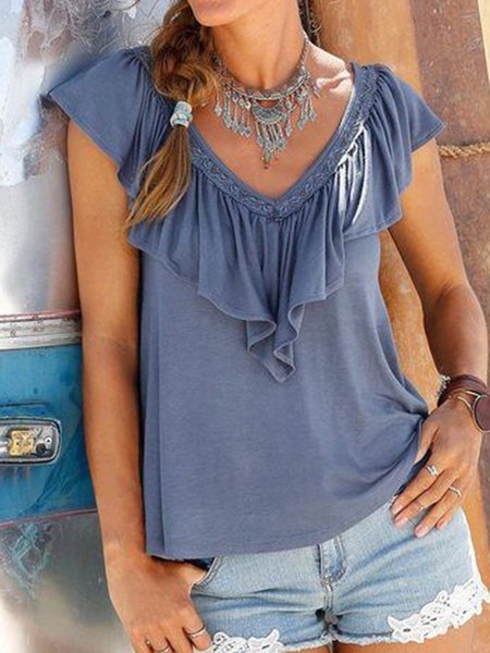 

Plain Casual Guipure Short Sleeve T-Shirt, Deep blue, Tanks & Camis