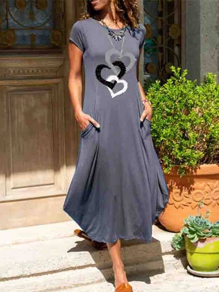 

Round Neck Heart Casual Short Sleeve Dress, Gray, Midi Dresses