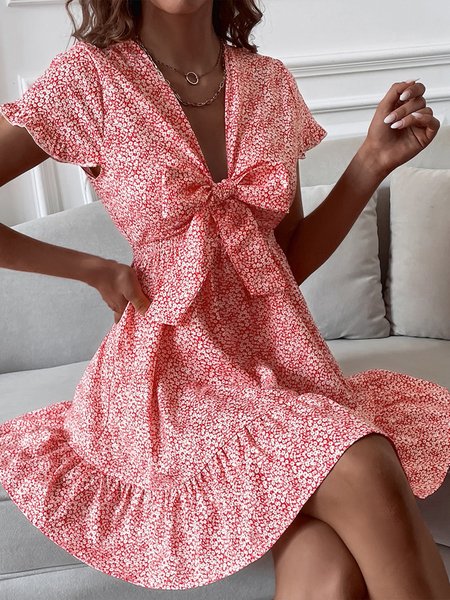 

Regular Fit V Neck Polka Dots Short Sleeve Woven Dress, Red, Mini Dresses