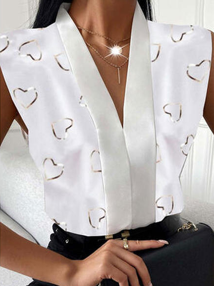 

Casual V Neck Loosen Woven, White, Tanks & Camis