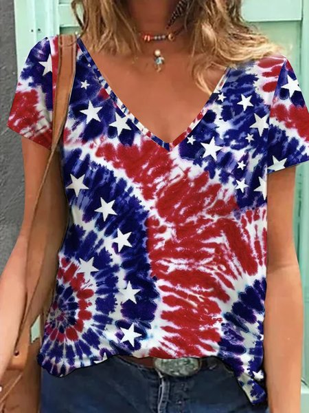 Casual Printed Short Sleeve T-Shirt, Blue, T-Shirts