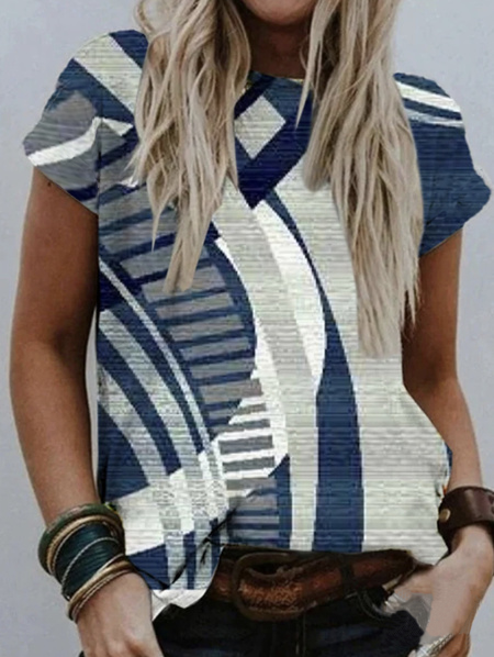 

Geometric Casual Regular Fit Short Sleeve T-Shirt, Blue, T-Shirts