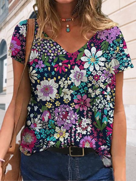 

Floral Batwing V Neck Loosen Short Sleeve T-Shirt, Multicolor, T-Shirts