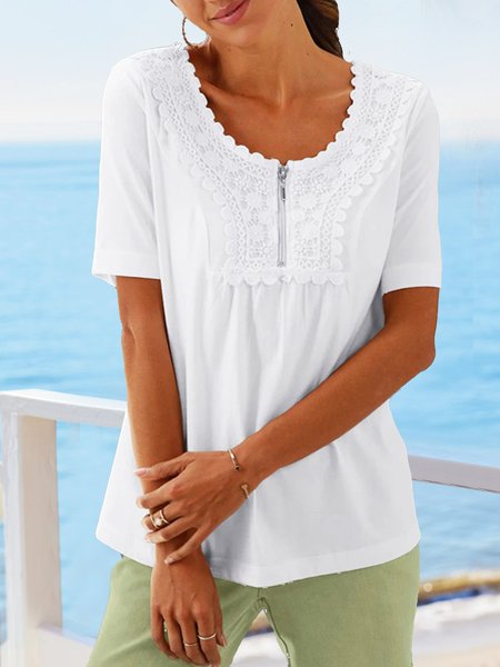 

Basic simple lace zipper loose top T-shirt plus size tunic, White, Shirts & Blouses