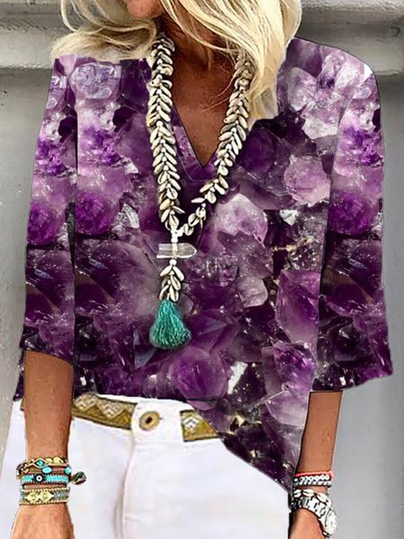 

Loosen Geometric V Neck Short Sleeve Tops, Purple, Tops