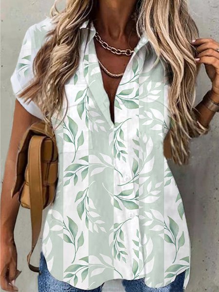 

Shirt Collar Leaves Short Sleeve Blouse, White, Blouses & Shirts