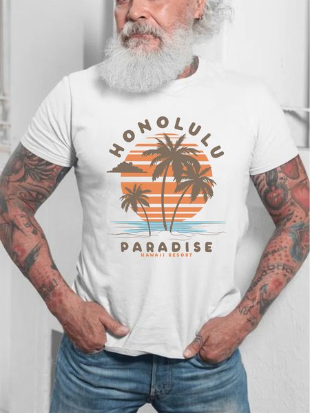 

Men's Hawaiian Graphic Coconut Print Short Sleeve Tee, White, T-shirt