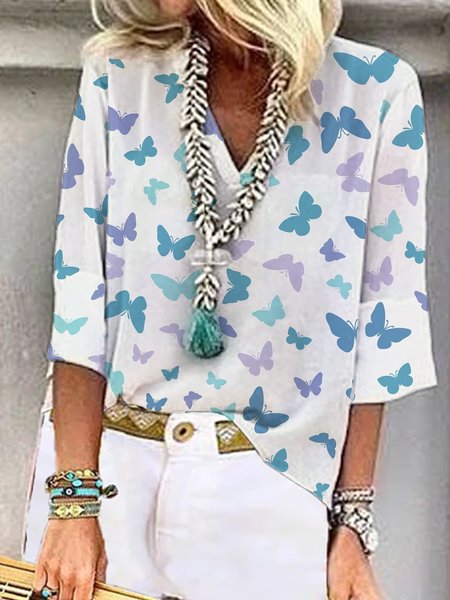 

Loose Printed Vacation Casual V-neck Tops, White, Shirts & Blouses