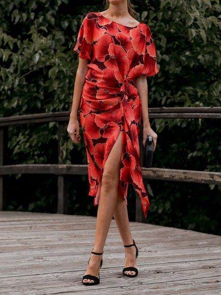 

Elegant Regular Fit Floral Short Sleeve Woven Dress, Red, Midi Dresses