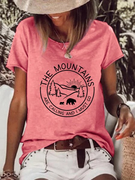 

The Mountains Are Calling And I Must Go Crew Neck Casual Loosen Short Sleeve T-Shirt, Pink, T-shirts