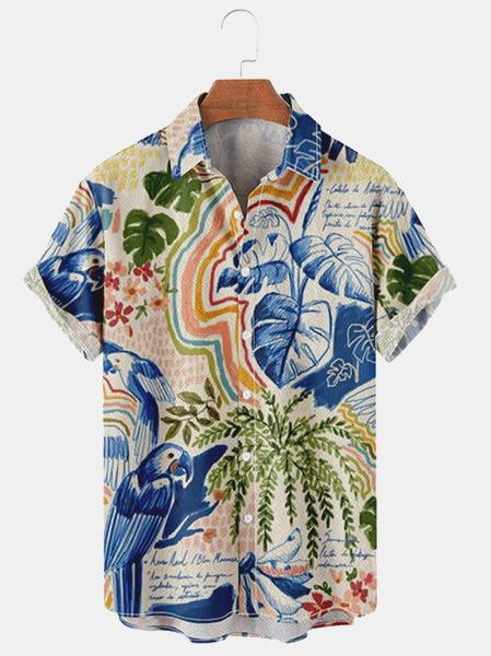 

Cotton Linen Style Parrot Plant Floral Print Lapel Cozy Linen Shirt, As picture, Shirts ＆ Blouse