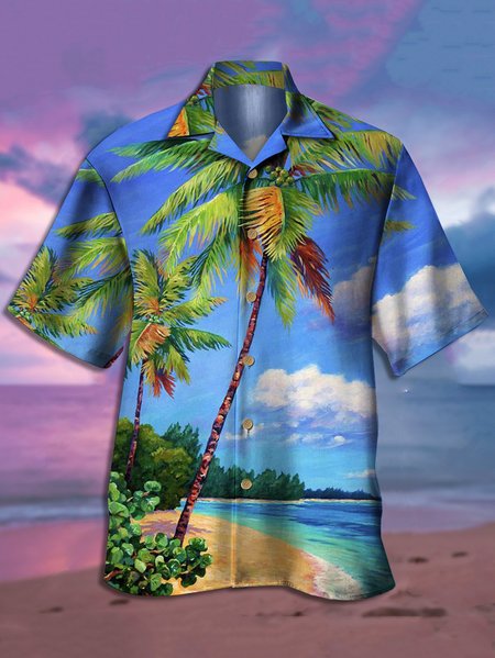 

Mens Art Painting Coconut Tree Print Casual Breathable Short Sleeve Aloha Shirt, Blue, Men's Floral shirt