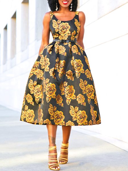 

Elegant Formal Floral Sleeveless Dress, Yellow, Midi Dresses