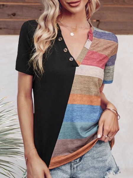 

V Neck Casual Color Block Short Sleeve T-Shirt, Multicolor, Tops