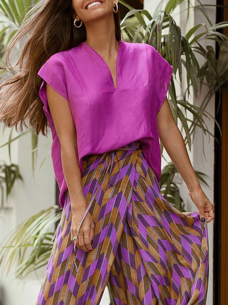 

Solid Casual V Neck Short Sleeve Top, Purple, Blouses and Shirts