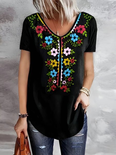 

Mexico V Neck Floral Casual Short Sleeve T-Shirt, Black, T-Shirts