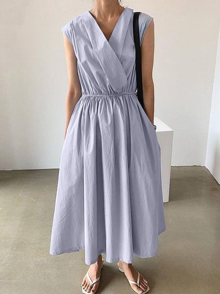 

Elegant V Neck Solid Sleeveless Woven Dress, Blue, Maxi Dresses