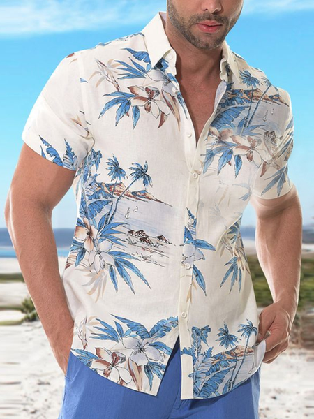 

Casual Hawaiian Plant Coconut Print Short Sleeve Shirt, Lightblue, Men's Floral shirt