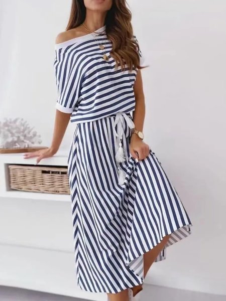 

Casual Crew Neck Loosen Short Sleeve Knit Dress, Blue, Midi Dresses
