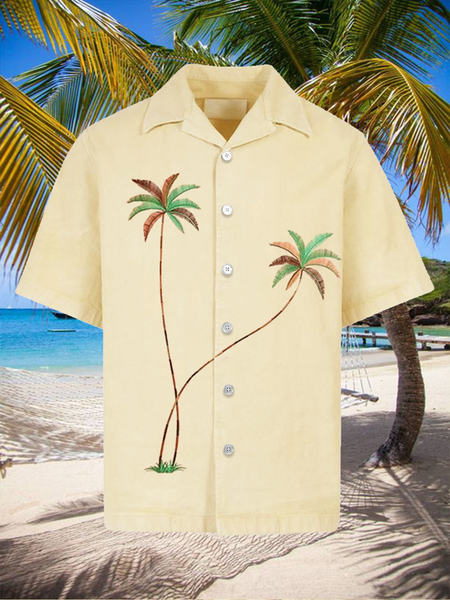 

Cotton Linen Style American Casual Coconut Embroidered Basic Versatile Linen Shirt, As picture, Men's Floral shirt