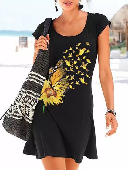 

Crew Neck Regular Fit Short Sleeve Knit Dress, Black, Mini Dresses