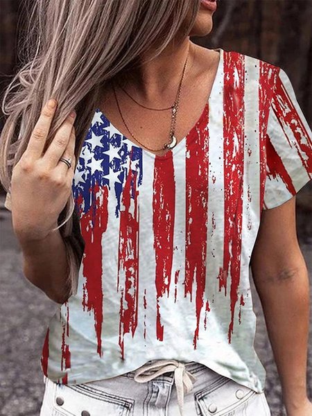 

Flag Casual Short Sleeve T-Shirt, Multicolor, Tops