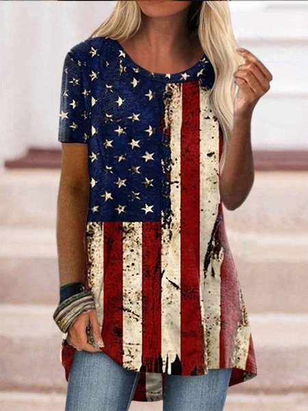 

Crew Neck Flag Loosen Short Sleeve T-Shirt, Multicolor, Tops