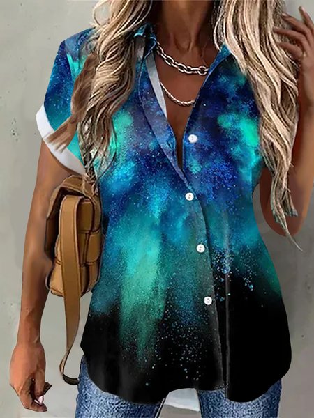 

Shirt Collar Casual Short Sleeve Blouse, Black-green, Blouses & Shirts