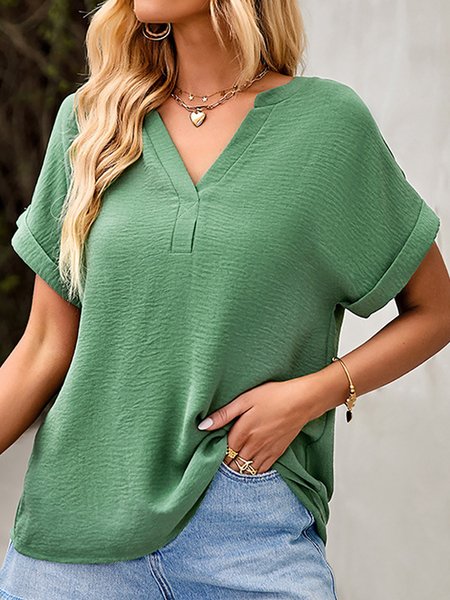

Vacation Casual Solid Color V-Neck Short Sleeve Blouse, Green, Tops