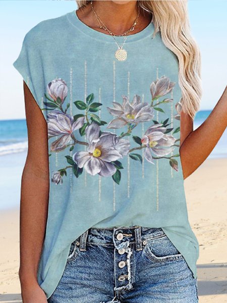 

Loosen Crew Neck Floral Short Sleeve T-Shirt, Cyan, T-Shirts