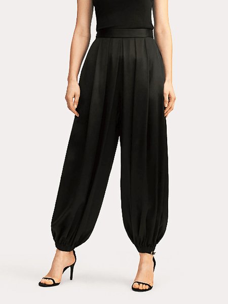 

Summer Lightweight Zipper fly Plain Simple Daily Pants, Black, Cropped Pants