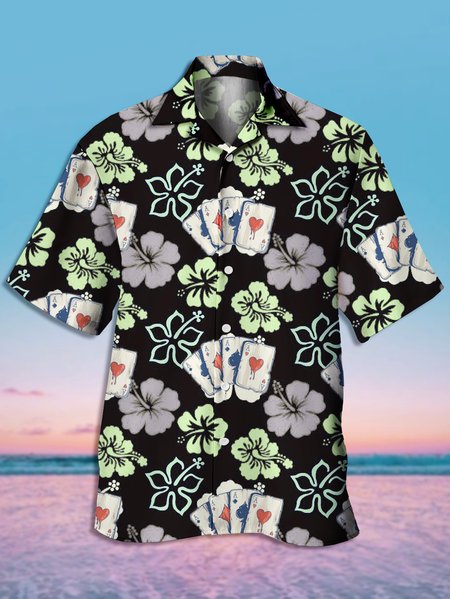 

Men's Botanical Print Casual Breathable Short Sleeve Hawaiian Shirt, Black, Men's Floral shirt