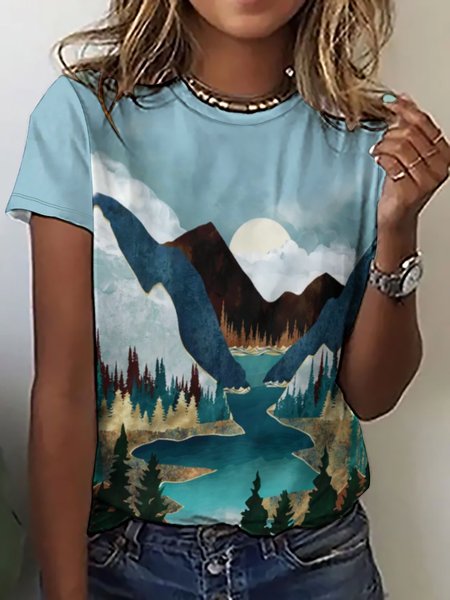 

Casual Abstract Landscape Print Crew Neck Short Sleeve T-Shirt, As picture, T-shirts