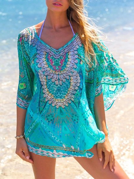 

JFN V Neck Folk Pattern Holiday Elegant Shell Printed Loose Pullover Top Plus Size Blouse, Multicolor, Tops