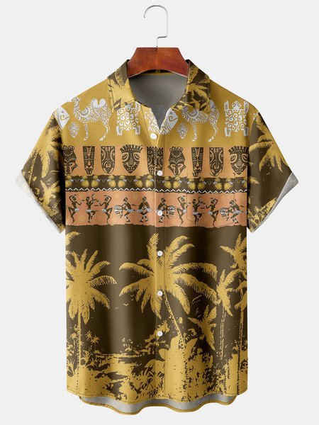 

Men's Coconut Tree Print Casual Fabric Fashion Hawaiian Lapel Short Sleeve Shirt, Yellow, Men's Floral shirt