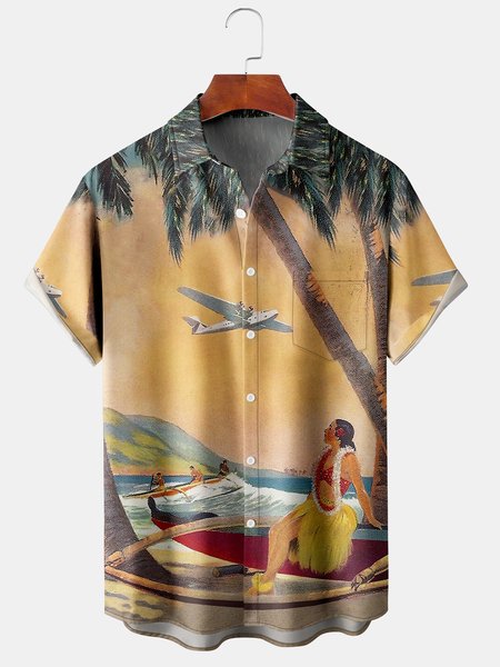 

Men's Hula Beauty Print Casual Fabric Fashion Hawaiian Lapel Short Sleeve Shirt, Yellow, Men's Floral shirt