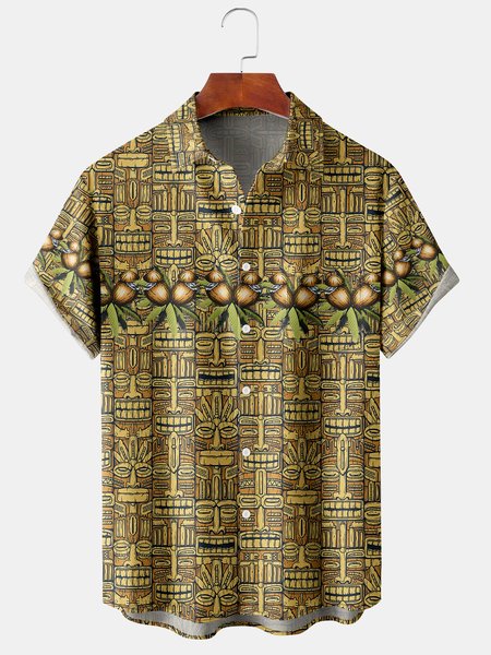 

Men's Tiki Element Print Casual Fabric Fashion Hawaiian Lapel Short Sleeve Shirt, Yellow, Men's Floral shirt