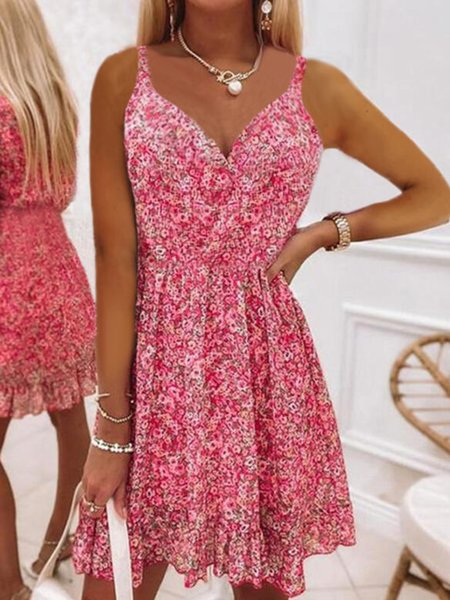 

Casual Floral Sleeveless V Neck Plus Size Printed Dress, Red, Midi Dresses