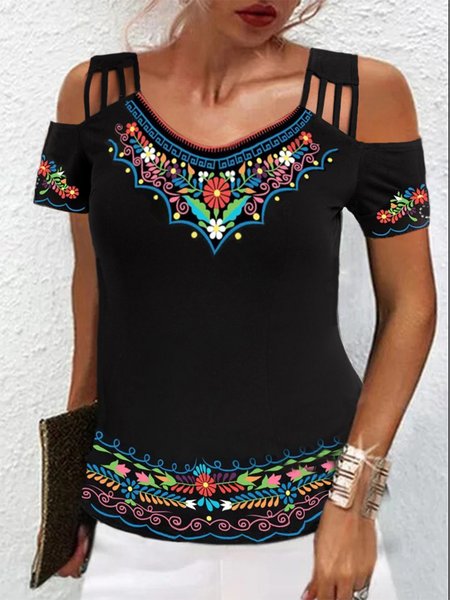 

Casual Floral V neck Loosen Floral Short Sleeve T-Shirt, Black, T-Shirts