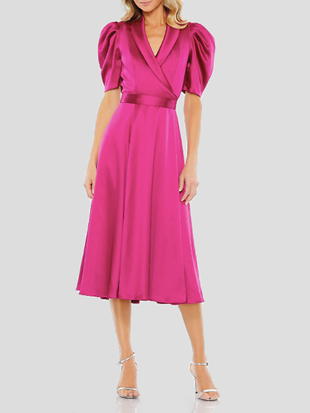 

Summer Short sleeve Regular Fit Lapel Elegant Short Sleeve Woven Dress, Rose red, Midi Dresses