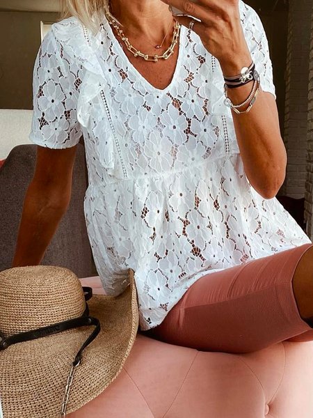 

V Neck Loosen Casual Short Sleeve Tops, White, Tops