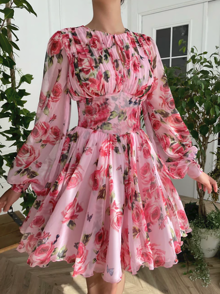 

Summer Lightweight Fit and FlareX Romantic Long Sleeve Woven Dress, Pink, Mini Dresses